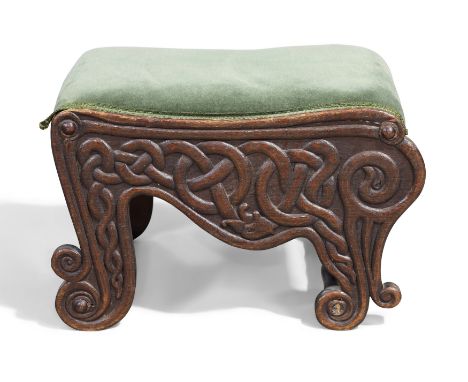 Attributed to Fivemiletown Guild Arts & Crafts Celtic motif stool, circa 1900  Oak, velvet fabric  34cm high, 54cm wide, 38cm