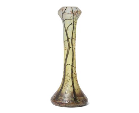 Legras   Tapered vase decorated with autumn trees, circa 1900  Acid etched and enamelled glass  Signed in enamel 'Legras'  20