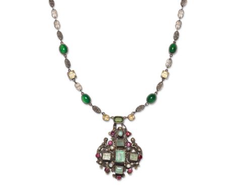 Renaissance Revival   Austro-Hungarian gem set pendant on later gem set chain, circa 1900  Pendant silver, green beryl, garne