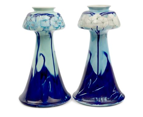 John Wadsworth (1879-1955) and Leon Solon (1872-1957) for Mintons Limited Near pair of blue Secessionist vases shape 3509, ci