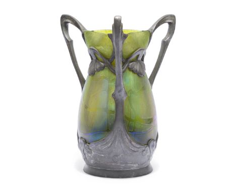 Bohemian/Austrian school Art Nouveau green iridescent glass vase with tri-handled pewter mounts, early 20th century  Pewter, 