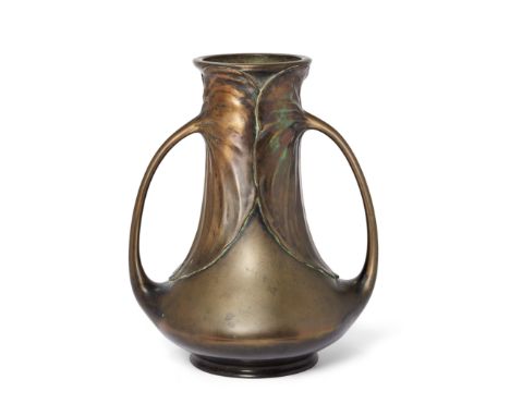 Art Nouveau   Large vase with lily pad motif handles, circa 1910  Brass  Unmarked  35cm high Condition Report:  Even patinati