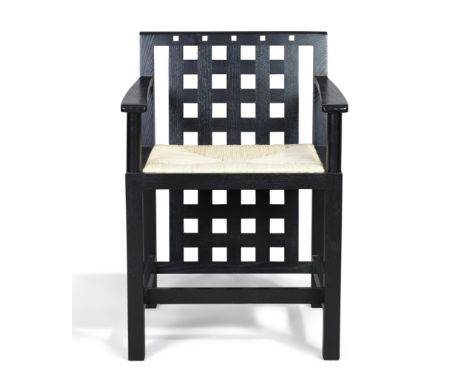 After Charles Rennie Mackintosh A 'DS3' style side chair, circa 1990  Ebonised ash, mother of pearl inlay, rush seat   75.5cm