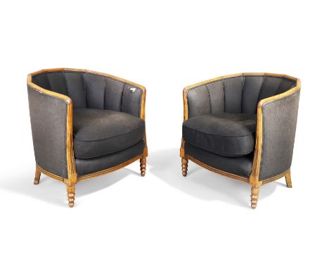 Art Deco   Pair of tub armchairs, circa 1930  Beech, fabric upholstery  Each 71cm high 66cm wideCondition Report:  Frames wit