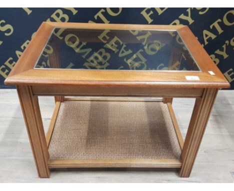 A MODERN LAMP TABLE WITH BEVELLED GLASS TOP AND RATTAN COVERED UNDER TIER 66CM WIDE TOGETHER WITH A STAINED BEECH AND BRASS T