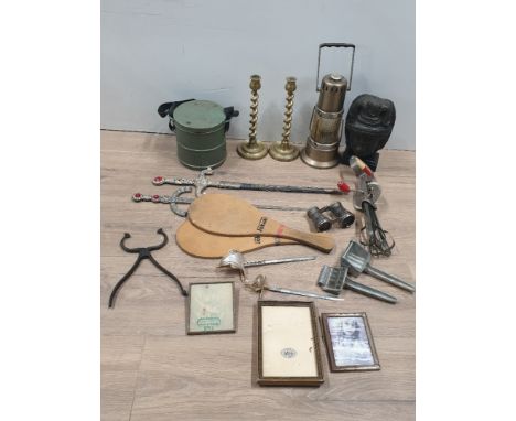 BOX LOT OF MISC INC JOKARI BATS BRASS CANDLESTICKS MUSICAL MINERS LAMP DECANTER SWORD OPERA GLASSES ETC