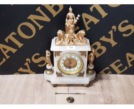 VINTAGE GILT AND MARBLE EFFECT MANTLE CLOCK WITH BRASS DIAL AND ROMAN LIONS AND KNIGHTS WITH PENDULUM