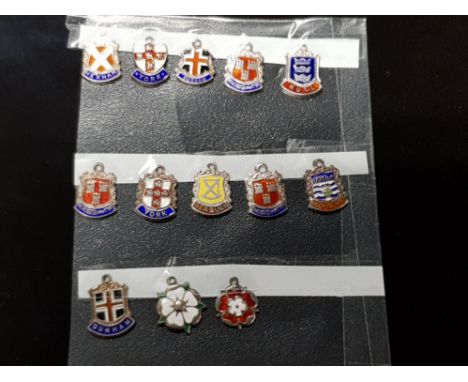 11 STERLING SILVER ENAMEL PLACE SHIELD CHARMS, ALL NORTHERN TOWNS AND CITIES, ALL MARKED AS SILVER PLUS 2 WHITE ROSE AND RED 