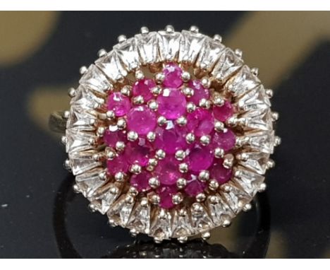 SILVER, RUBY AND CZ ROUND CLUSTER RING, 5G SIZE R