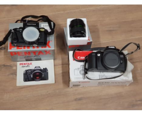 A PENTAX SUPER A CAMERA AND A35 MACRO LENS A CANON DOS 500 TOGETHER WITH ASSORTED COMPACT CAMERAS AND CAM RECORDERS TO INCLUD