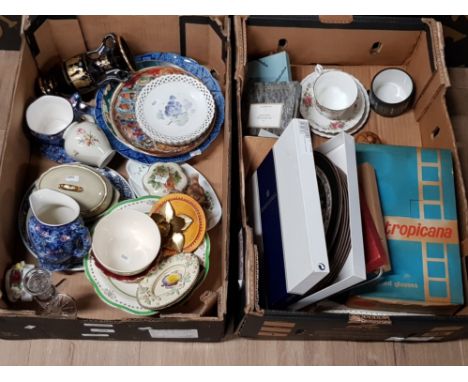 MISCELLANEOUS CERAMICS TO INCLUDE OLD WILLOW PATTERN BOOTHS PLATE RINGTONS A CUT GLASS CANDLE STICK PLACE MATS ETC IN 2 BOXES