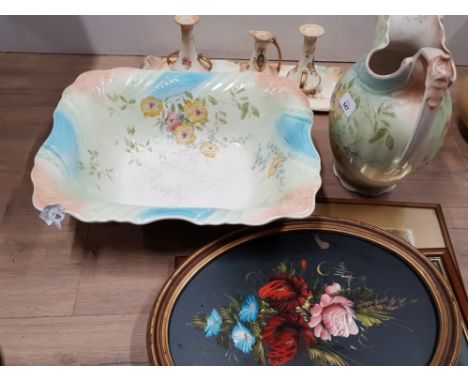 FIELDING CROWN DEVON LONG BLUSH DRESSING TRAY CANDLESTIC AND JUG PLUS VICTORIAN FLORAL AND BLUSH WASH JUG AND BASIN DAMAGED L