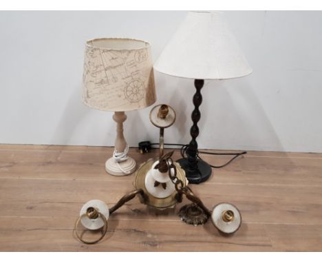 A BRASS AND MARBLE 3 BRANCH LIGHT FITTING TOGETHER WITH 2 MODERN TABLE LAMPS