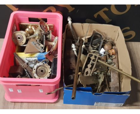 2 BOXES OF BRASS INCLUDING MANTLE ORNAMENTS CHEST HANDLES LOCKS KEYS CLOCK WEIGHTS ETC