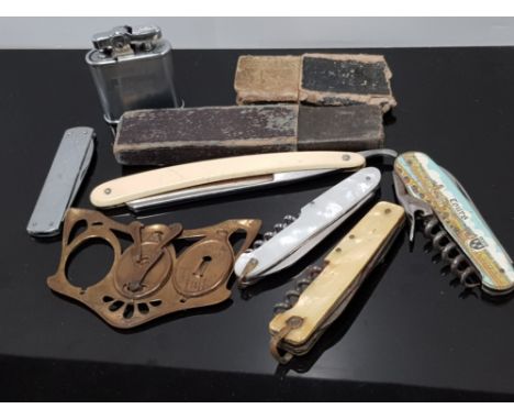 BOX CONTAINING CUT THROAT RAZOR, LIGHTER, BRASS PHOTOGRAPH FRAME AND 4 PENKNIVES