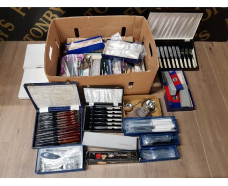 A LARGE QUANTITY OF SILVER PLATE AND STAINLESS STEEL FLATWARE TO INCLUDE WALKER AND HALL SOUP SPOONS RICHARDS STEAK KNIVES CO