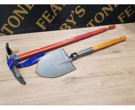 A CAMP ICE PICK AND A SMALL SHOVEL TOGETHER WITH A QUANTITY OF TOOLS TO INCLUDE SAWS CLAMPS HAMMERS ETC