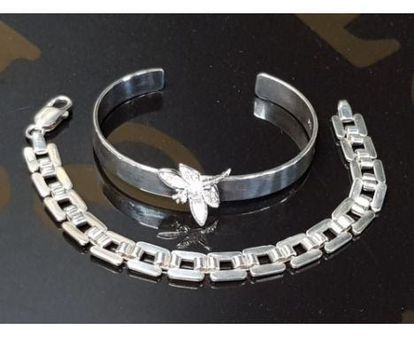 STERLING SILVER DRAGONFLY BANGLE AND STERLING SILVER BRACELET, 71/2 INCHES LONG) 35.4G BOTH 8  GOOD CONDITION