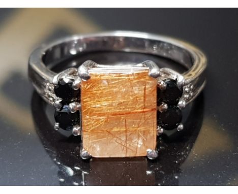 SILVER RUTILE QUARTZ AND BLACK STONE RING 4.3G SIZE R 1/2