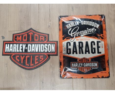 CAST METAL MOTOR CYCLES HARLEY DAVIDSON SIGN TOGETHER WITH A TIN MOTOR CYCLES GARAGE SIGN