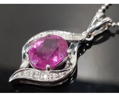 18CT WHITE GOLD RUBY AND DIAMOND PENDANT ON CHAIN 7.4G