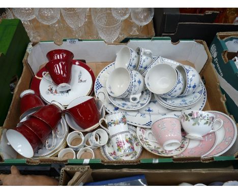 A Windsor 'Piccadilly' part tea set in burgundy decorated with coaching scenes, 'Chelsea' style pattern cups &amp; saucers an