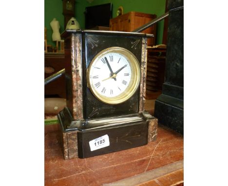A small marble and slate Mantle Clock, white enamel face with quartz mechanism, 8 1/4" wide x 9 1/2" high x 8" deep.