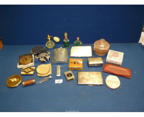 A quantity of miscellanea including compacts, cigarette cases, hip flask, etc.