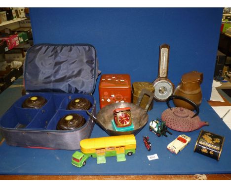A quantity of miscellanea including an incomplete set of Lawn Bowls, metal teapot, Corgi articulated horse box, barometer etc
