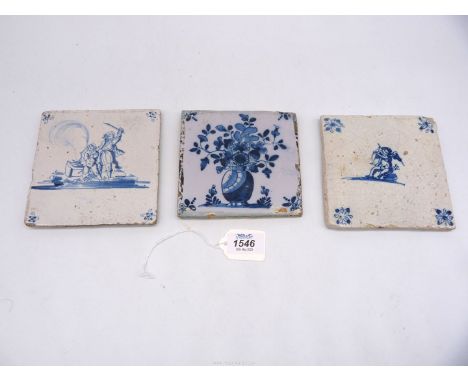 Three Dutch Delft tiles one with flowers in vase, 5" square another with a cherub and harp and one with the sacrifice of Isaa