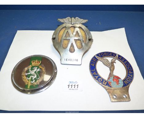 Three car badges including; Royal Air Forces Association, Women's Royal Army Corps and AA.
