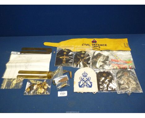 A quantity of ribbons for medals, miscellaneous buttons, Civil Defence Corps Welfare arm band, cloth badges, antique brass bu