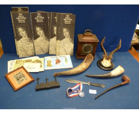 A small quantity of miscellanea including a small mantle clock, small pair of antlers with skull mounted on plaque, signed 'T