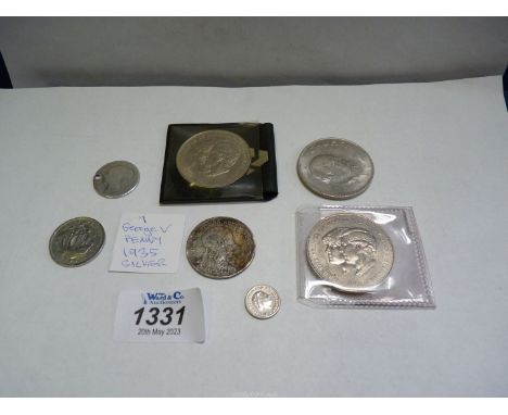 A George V silver penny, George VI silvered halfpenny, Young Victoria one shilling token, Churchill and Royal Wedding crowns 
