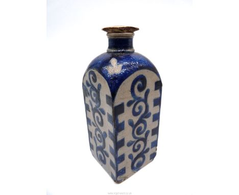 A rare Westerwald screw top (hunting?) flask, early-mid 18th century, typically incised with a foliate design painted in blue