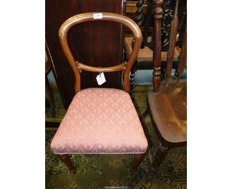 A light Mahogany framed Balloon back Side Chair having turned front legs and pink upholstered overstuffed seat with lattice a