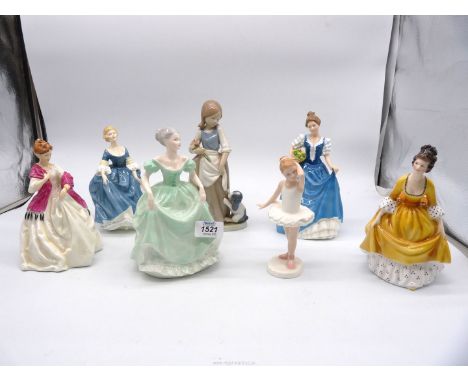 Seven porcelain figures including; Nao girl with puppy, Royal Doulton 'Hilary', 'First Dance', 'Helen', etc.