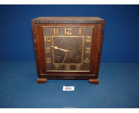 A square faced and cased Oak Mantle Clock (unglazed) with art deco style Arabic numerals on dark metal face, with key and pen