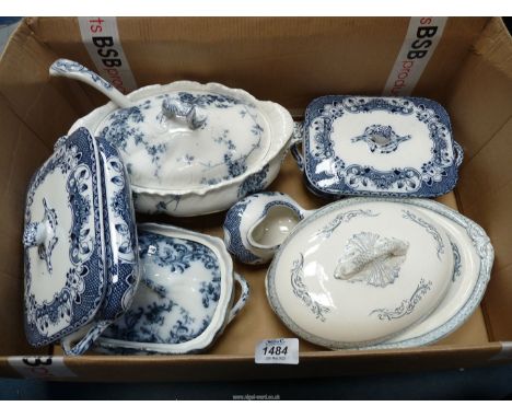 A quantity of blue &amp; white tureens including; Booths Princess May pattern with ladle, Sheen &amp; Sons Gloucester, etc (s