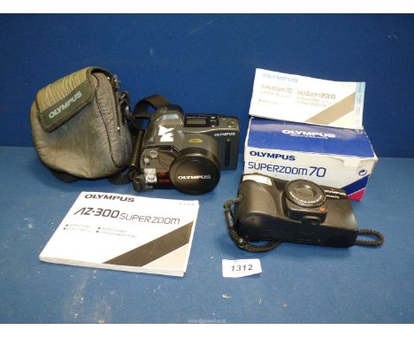 An Olympus AZ-300 Superzoom 35mm Compact Camera with instructions together with an Olympus Superzoom 70 with box and instruct