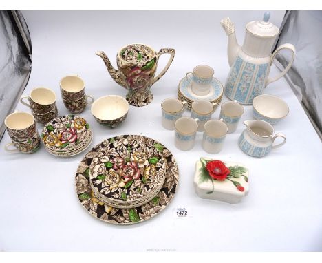 A Royal Doulton ''Hampton court'' coffee set, Myott &amp; Sons 'Bermuda' part coffee set, sugar bowl a/f and a Franz lidded p