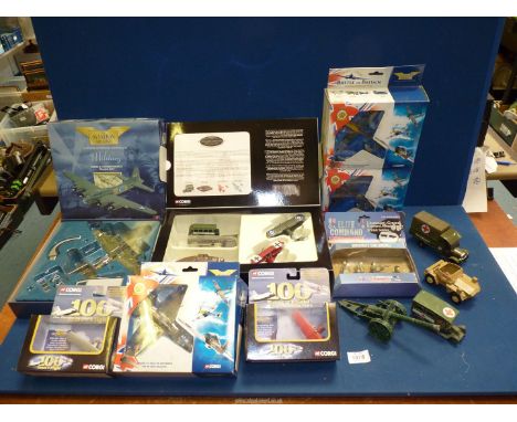 A quantity of boxed Corgi 'Battle of Britain' and '100 Years of Flight' model aeroplanes including; Hawker Hurricane, Spitfir