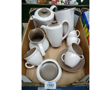 A Poole Pottery coffee set in beige and brown, plus a jug and sweet dish.