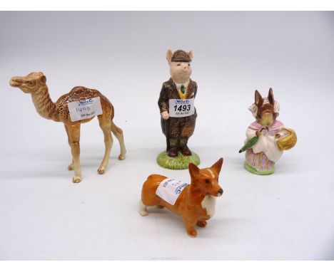 Four Beswick animals to include; baby Camel (front legs a/f), a Corgi (chip to ear), Beatrix Potter Mrs Rabbit and a gentlema