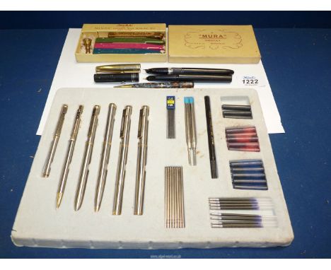 A quantity of Pens including an Osmiroid, German pen and pencil set with ink cartridges, and a Mura minor candle wax sealing 
