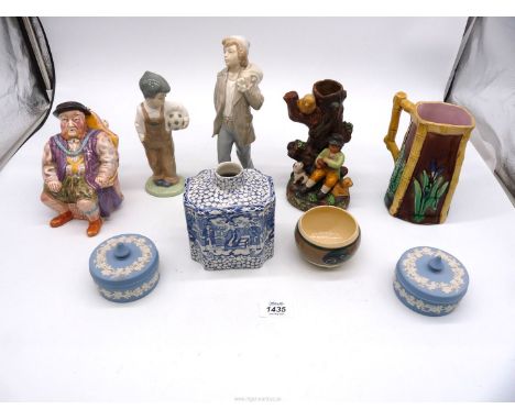 A small quantity of china figures including Melbaware Henry VIII character mug, Nao figures, Wedgwood Jasperware trinket pot 