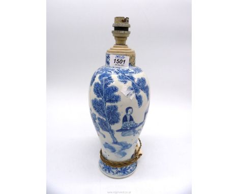 An oriental lamp with four character mark to base in blue, 13½" tall. 