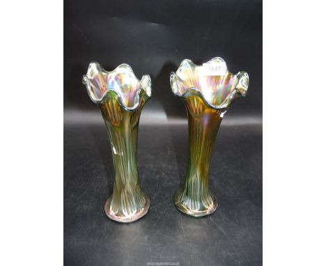 A pair of vintage Fenton, USA iridescent Carnival glass vases with diamond and ribs design and green base colours, 10 1/2'' t