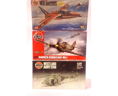 Airfix 1:72 scale kits x3; Hurricane, Army Lynx Helicopter and Red Arrows Gnat. P&amp;P Group 1 (£14+VAT for the first lot an