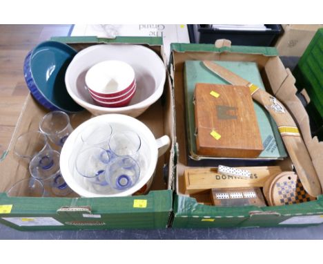 Two boxes of coloured glass goblets, Thomas Plant mixing bowl, coloured kitchenware, boomerang, cribbage, dominoes and bridge